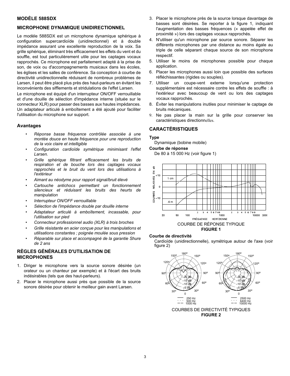Modèle 588sdx microphone dynamique unidirectionnel, Avantages, Règles générales d'utilisation de microphones | Caractéristiques | Shure 588SDX User Manual | Page 3 / 12