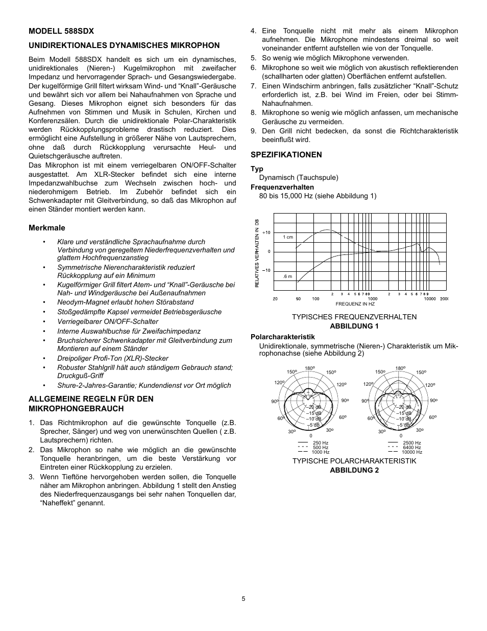 Merkmale, Allgemeine regeln für den mikrophongebrauch, Spezifikationen | Shure 588SDX User Manual | Page 5 / 12