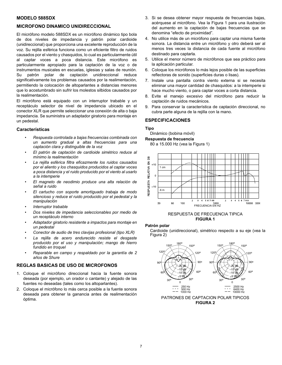 Modelo 588sdx microfono dinamico unidireccional, Características, Reglas basicas de uso de microfonos | Especificaciones | Shure 588SDX User Manual | Page 7 / 12