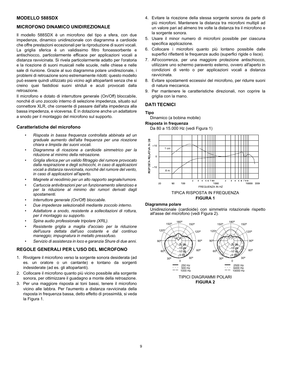 Modello 588sdx microfono dinamico unidirezionale, Caratteristiche del microfono, Regole generali per l'uso del microfono | Dati tecnici | Shure 588SDX User Manual | Page 9 / 12
