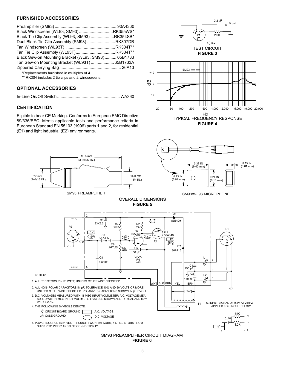 Furnished accessories, Optional accessories, Certification | Bd hz, Sm93 preamplifier circuit diagram figure 6 | Shure WL93 User Manual | Page 3 / 6