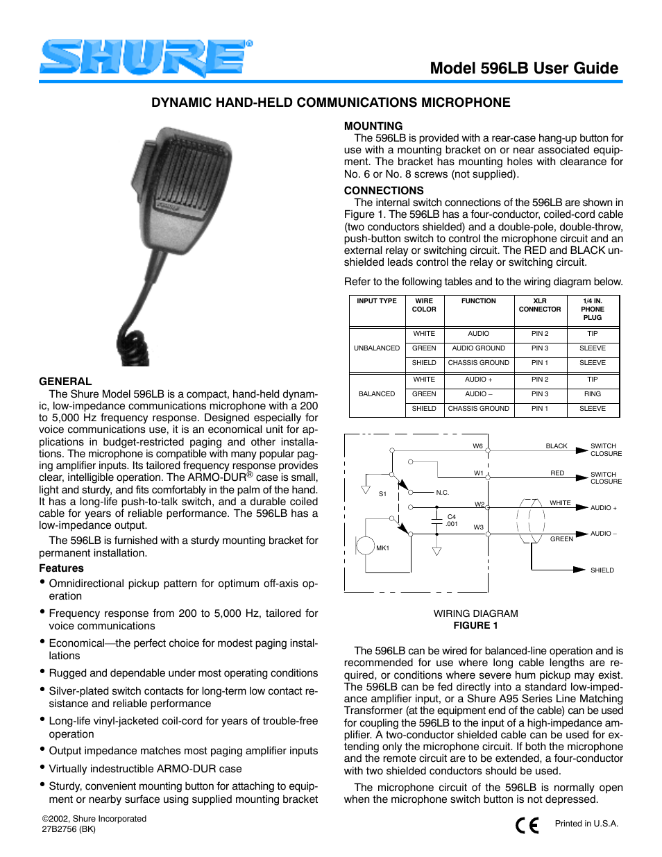 Shure 596LB User Manual | 2 pages