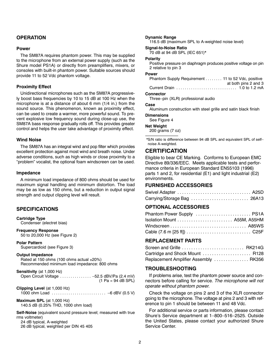 Certification | Shure SM87A User Manual | Page 2 / 12