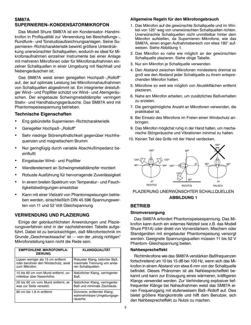 Sm87a supernieren–kondensatormikrofon, Technische eigenschaften, Verwendung und plazierung | Betrieb | Shure SM87A User Manual | Page 5 / 12