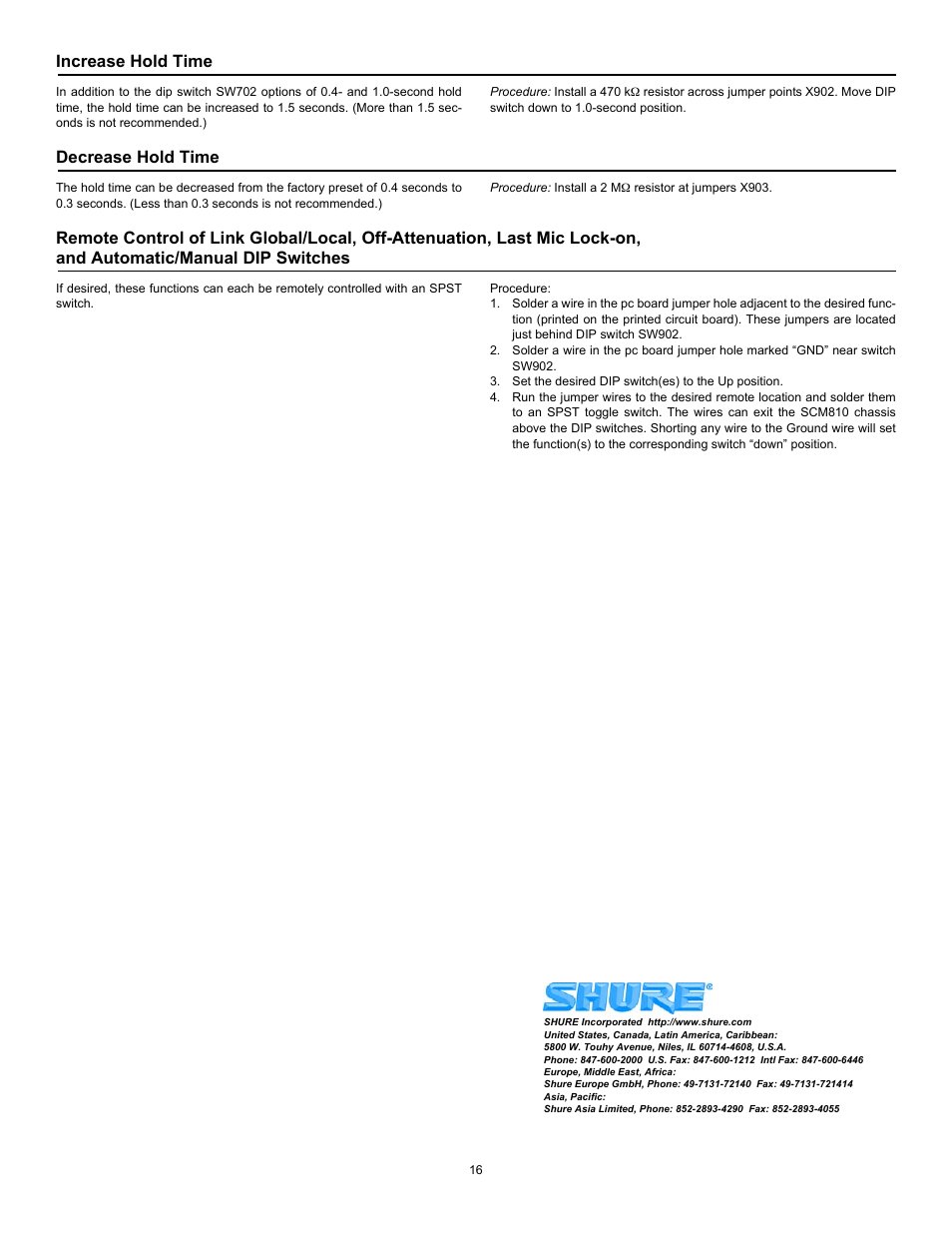 Increase hold time, Decrease hold time | Shure M810E User Manual | Page 16 / 16