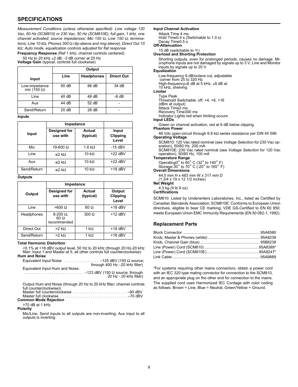 Specifications | Shure M810E User Manual | Page 9 / 16