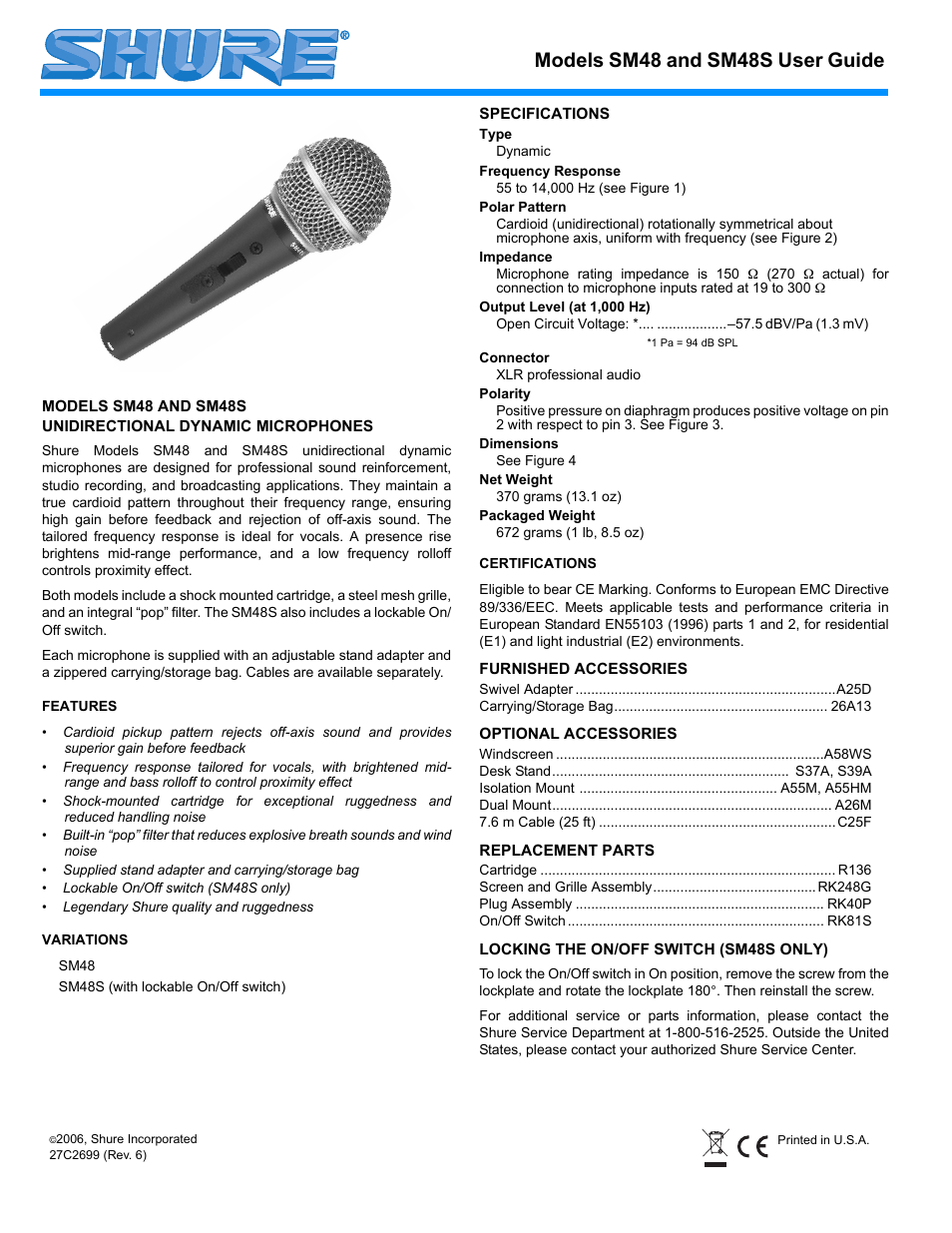 Shure SM48 User Manual | 4 pages