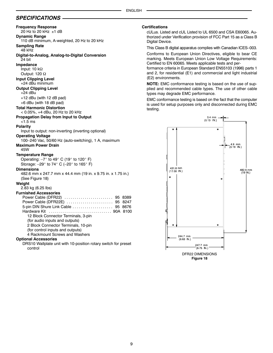 Specifications | Shure AUDIO PROCESSOR WITH FEEDBACK REDUCTION DFR22 User Manual | Page 11 / 13