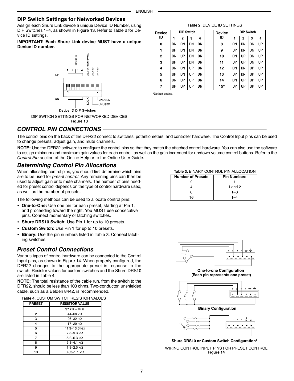 Control pin connections, Determining control pin allocations, Preset control connections | Dip switch settings for networked devices | Shure AUDIO PROCESSOR WITH FEEDBACK REDUCTION DFR22 User Manual | Page 9 / 13