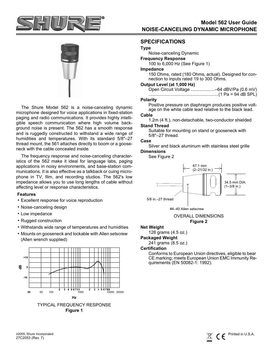 Shure 562 User Manual | 2 pages