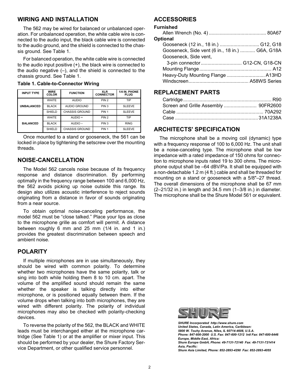 Wiring and installation, Noise-cancellation, Polarity | Accessories, Replacement parts, Architects' specification | Shure 562 User Manual | Page 2 / 2