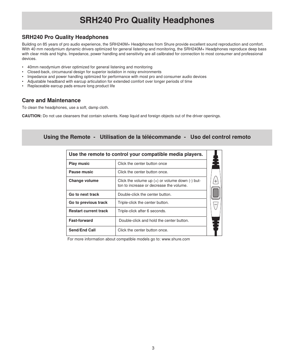 Care and maintenance, Srh240 pro quality headphones | Shure SRH240M+ User Manual | Page 3 / 5