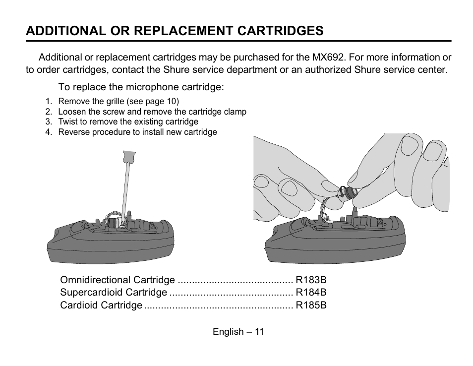 Additional or replacement cartridges | Shure MX692 User Manual | Page 12 / 20
