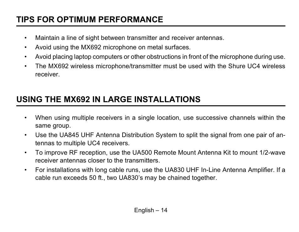 Tips for optimum performance, Using the mx692 in large installations | Shure MX692 User Manual | Page 15 / 20