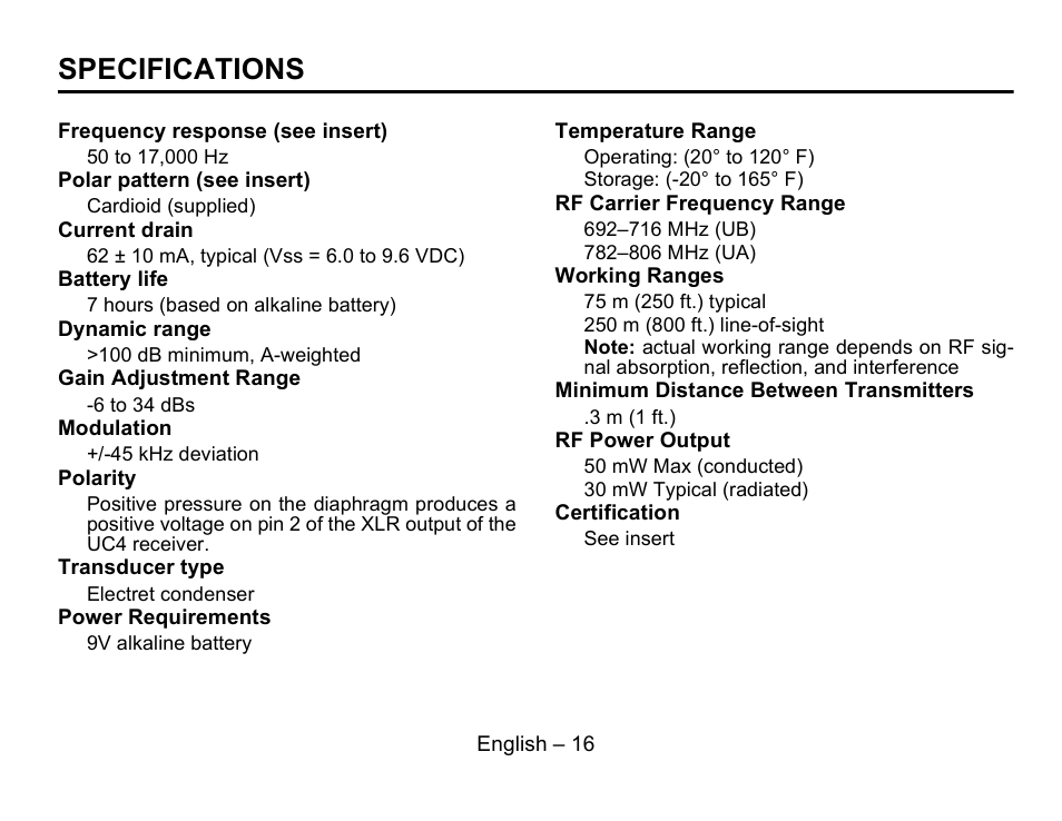 Specifications | Shure MX692 User Manual | Page 17 / 20