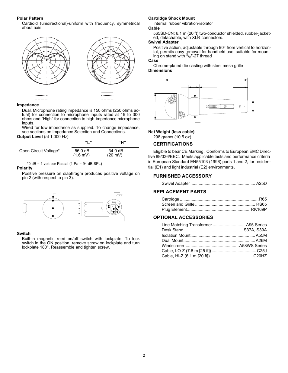 Certifications, Furnished accessory, Replacement parts | Optional accessories | Shure 565SD User Manual | Page 2 / 12