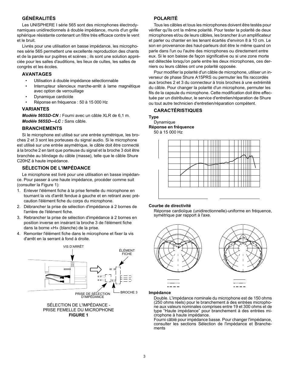 Généralités, Avantages, Variantes | Branchements, Sélection de l'impédance, Polarité, Caractéristiques | Shure 565SD User Manual | Page 3 / 12