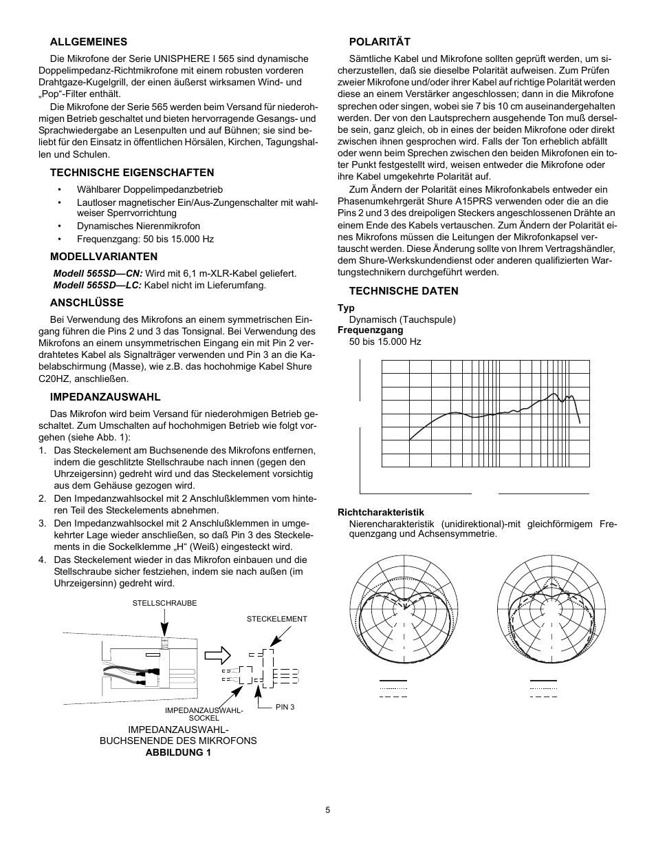 Allgemeines, Technische eigenschaften, Modellvarianten | Anschlüsse, Impedanzauswahl, Polarität, Technische daten | Shure 565SD User Manual | Page 5 / 12
