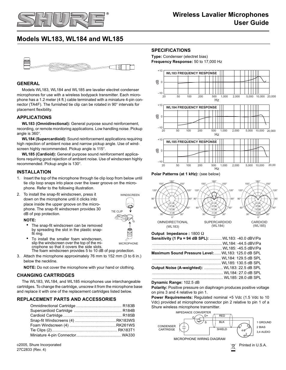 Shure Wl185 User Manual | 2 pages