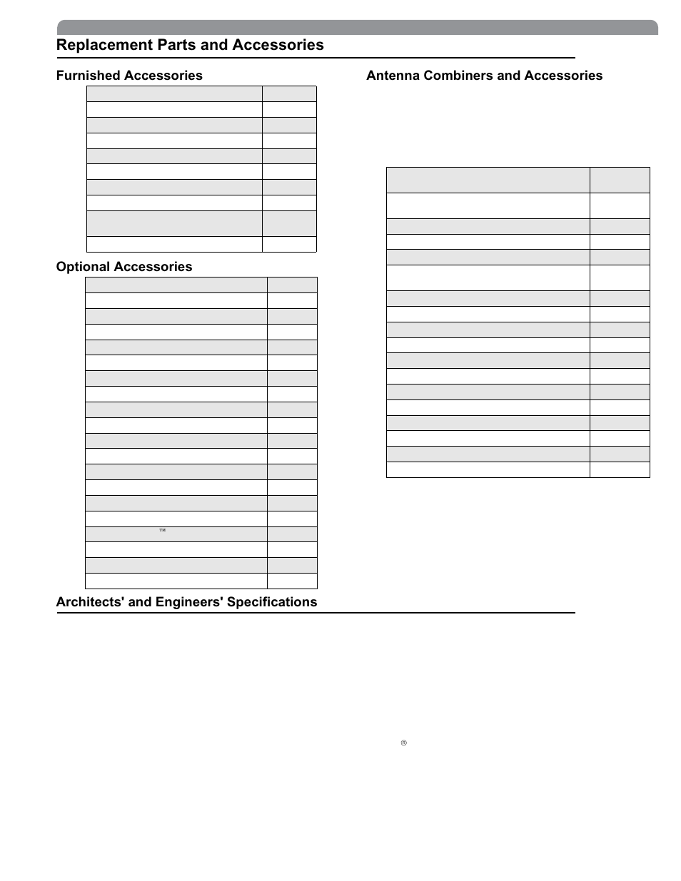 Replacement parts and accessories, Architects' and engineers' specifications | Shure The SM58 Vocal Artist UHF User Manual | Page 17 / 34