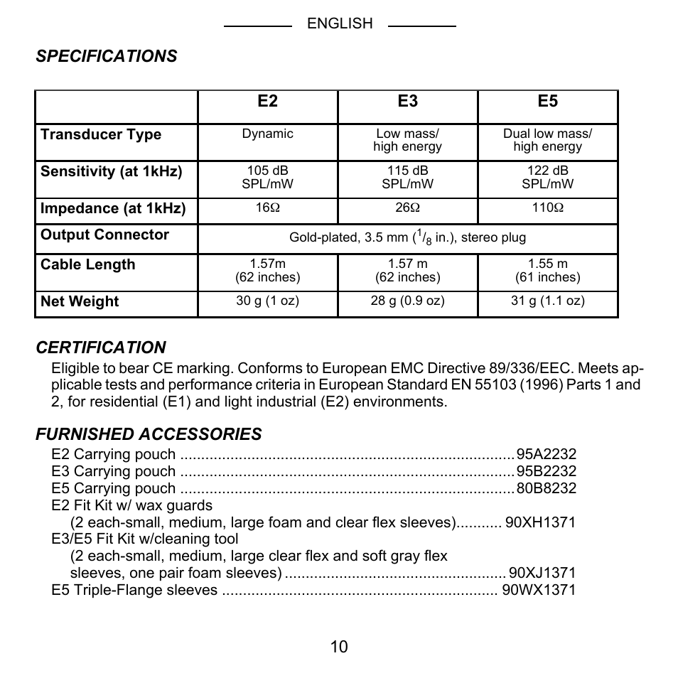 Specifications certification, Furnished accessories, E2 e3 e5 | Shure E2 User Manual | Page 11 / 14