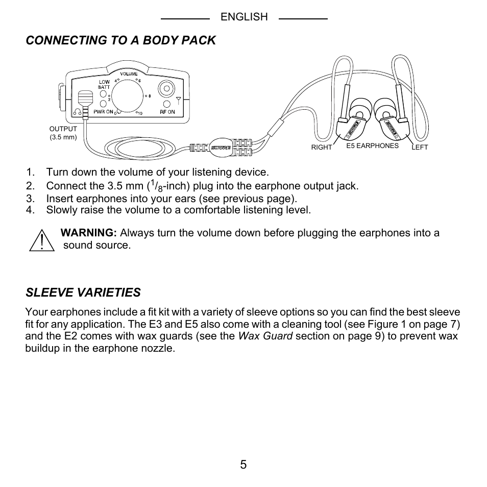 Connecting to a body pack, Sleeve varieties | Shure E2 User Manual | Page 6 / 14