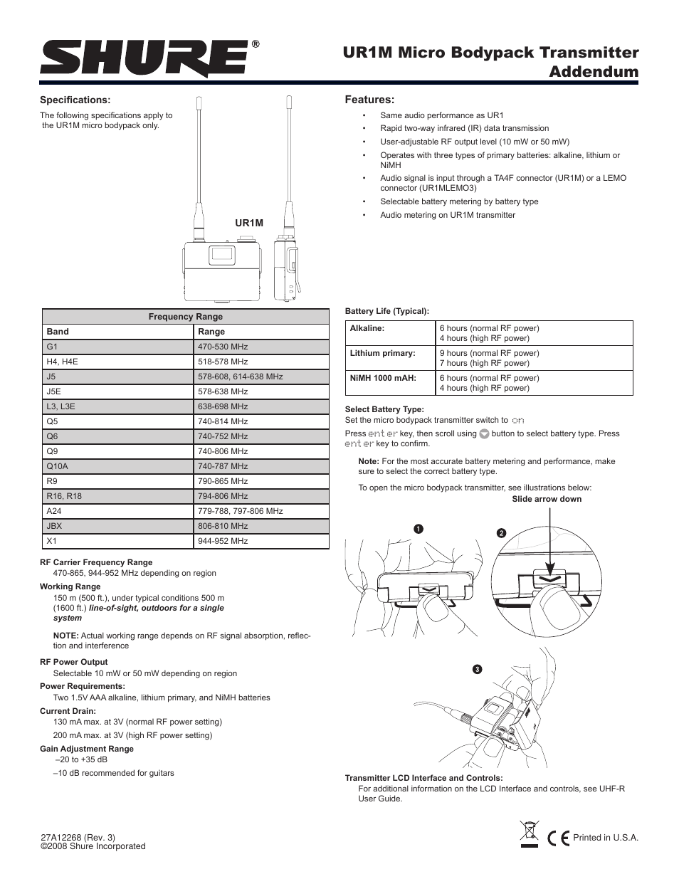 Shure Micro Bodypack Transmitter UR1M User Manual | 2 pages