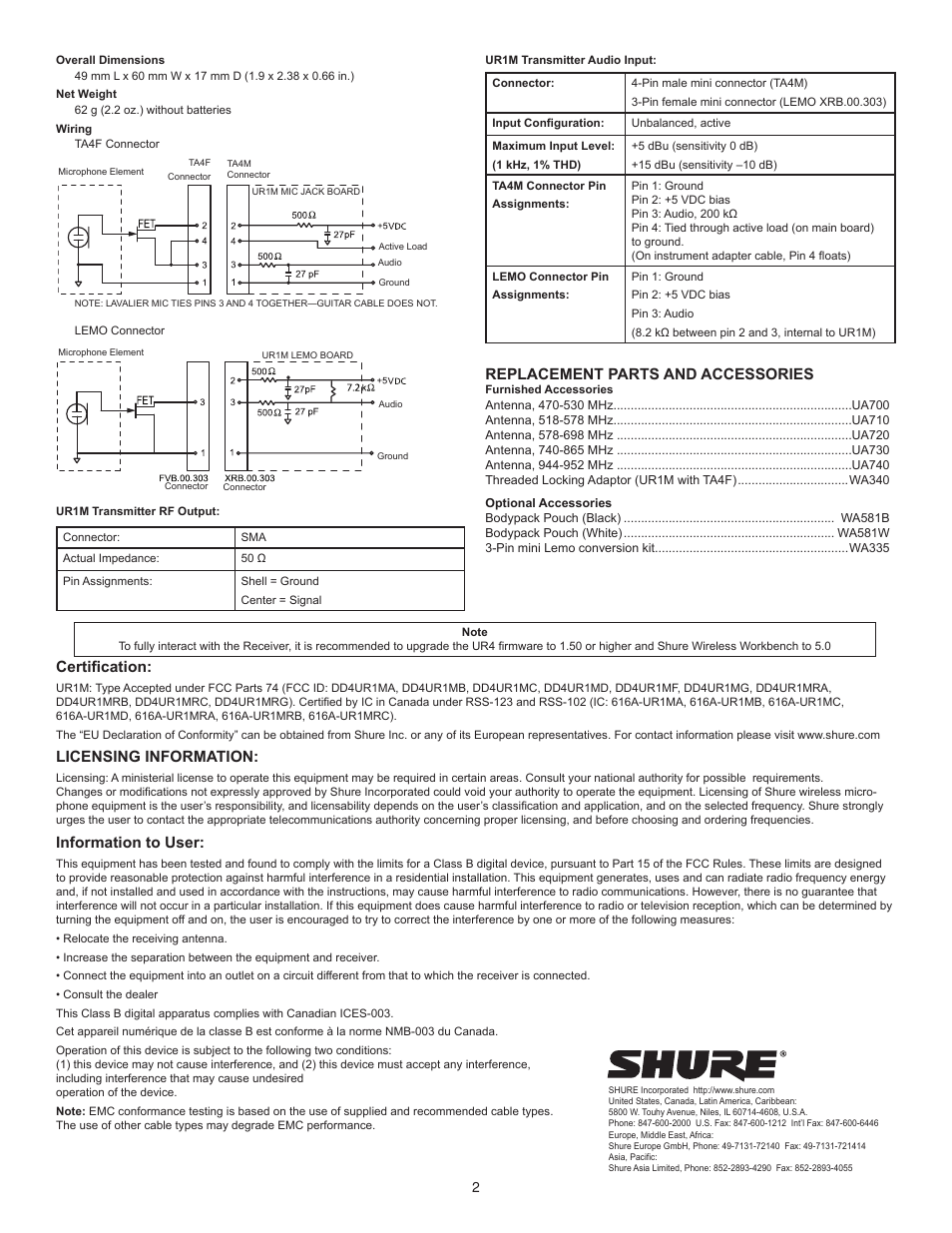Replacement parts and accessories, Certification, Licensing information | Information to user | Shure Micro Bodypack Transmitter UR1M User Manual | Page 2 / 2