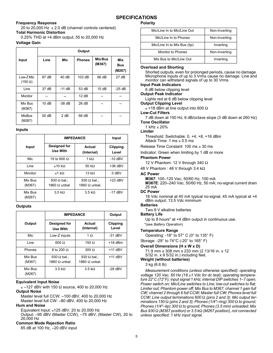 Specifications | Shure M367 User Manual | Page 5 / 11