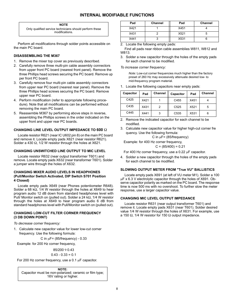 Internal modifiable functions | Shure M367 User Manual | Page 8 / 11