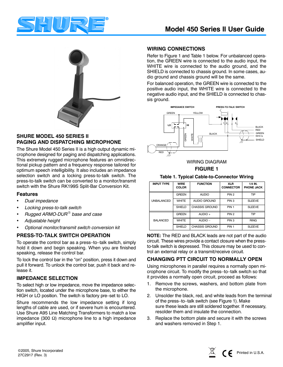 Shure 450 User Manual | 2 pages