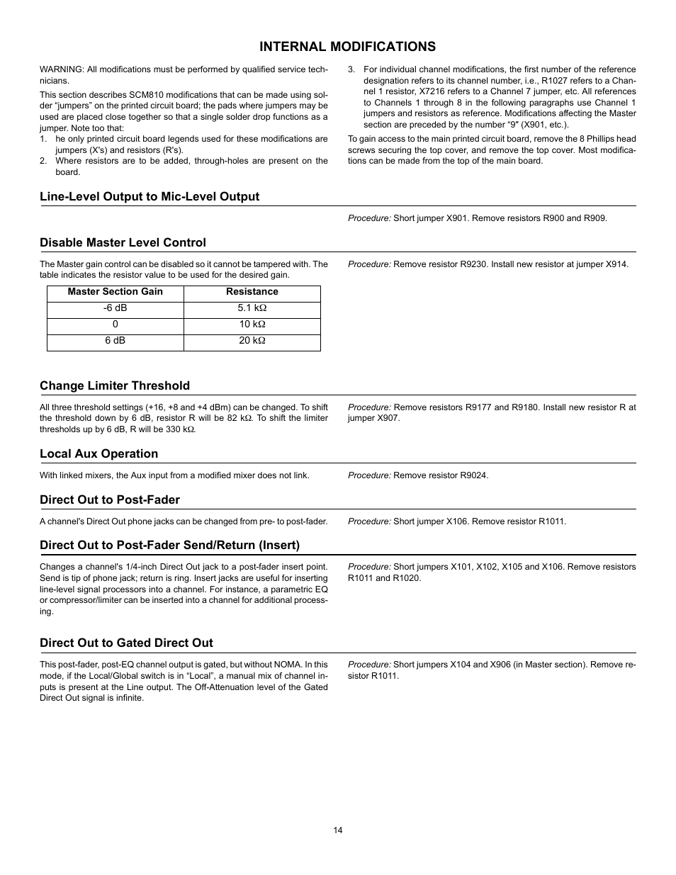 Internal modifications, Line-level output to mic-level output, Disable master level control | Change limiter threshold, Local aux operation, Direct out to post-fader, Direct out to post-fader send/return (insert), Direct out to gated direct out | Shure SCM810 User Manual | Page 14 / 17