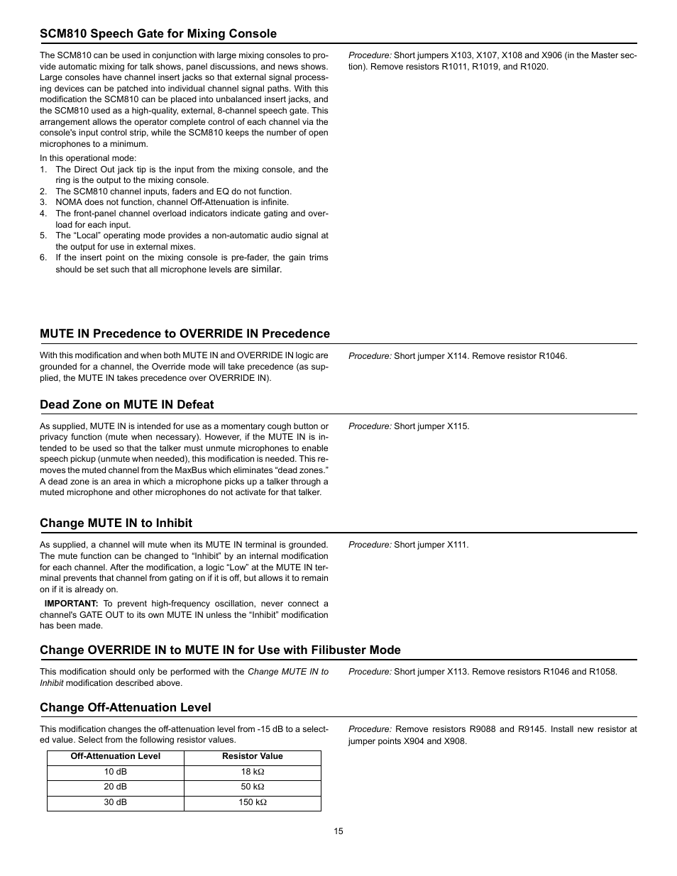Scm810 speech gate for mixing console, Mute in precedence to override in precedence, Dead zone on mute in defeat | Change mute in to inhibit, Change off-attenuation level | Shure SCM810 User Manual | Page 15 / 17