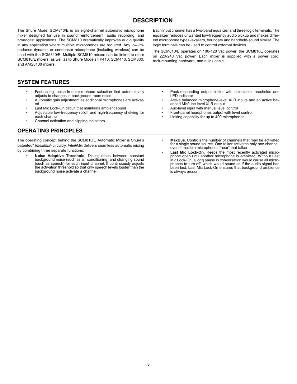 Description, System features, Operating principles | Shure SCM810 User Manual | Page 3 / 17