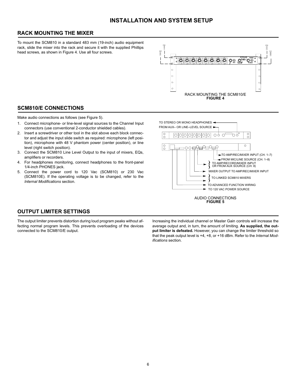 Installation and system setup, Rack mounting the mixer, Scm810/e connections | Output limiter settings | Shure SCM810 User Manual | Page 6 / 17