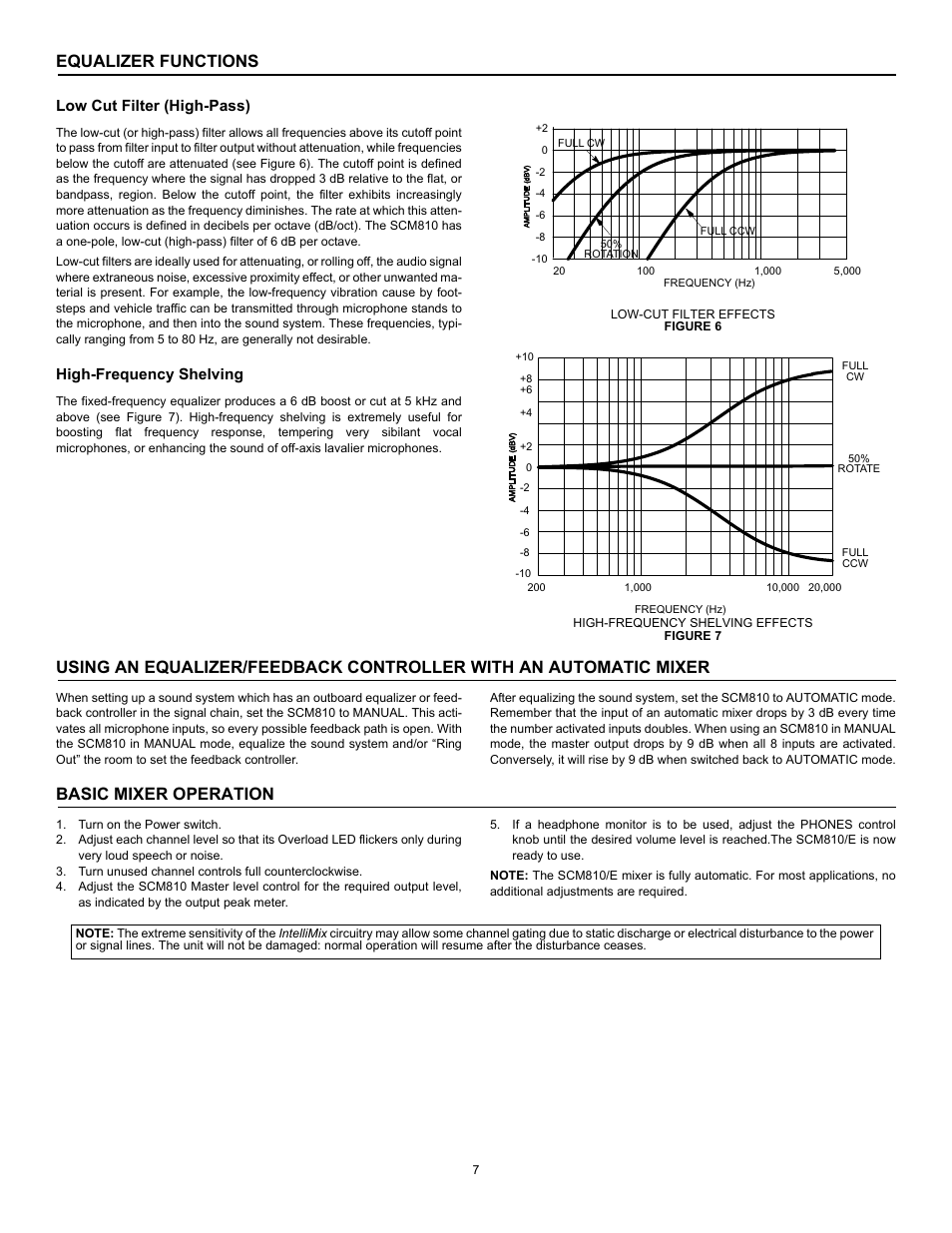 Equalizer functions, Basic mixer operation, Low cut filter (high-pass) | High-frequency shelving | Shure SCM810 User Manual | Page 7 / 17