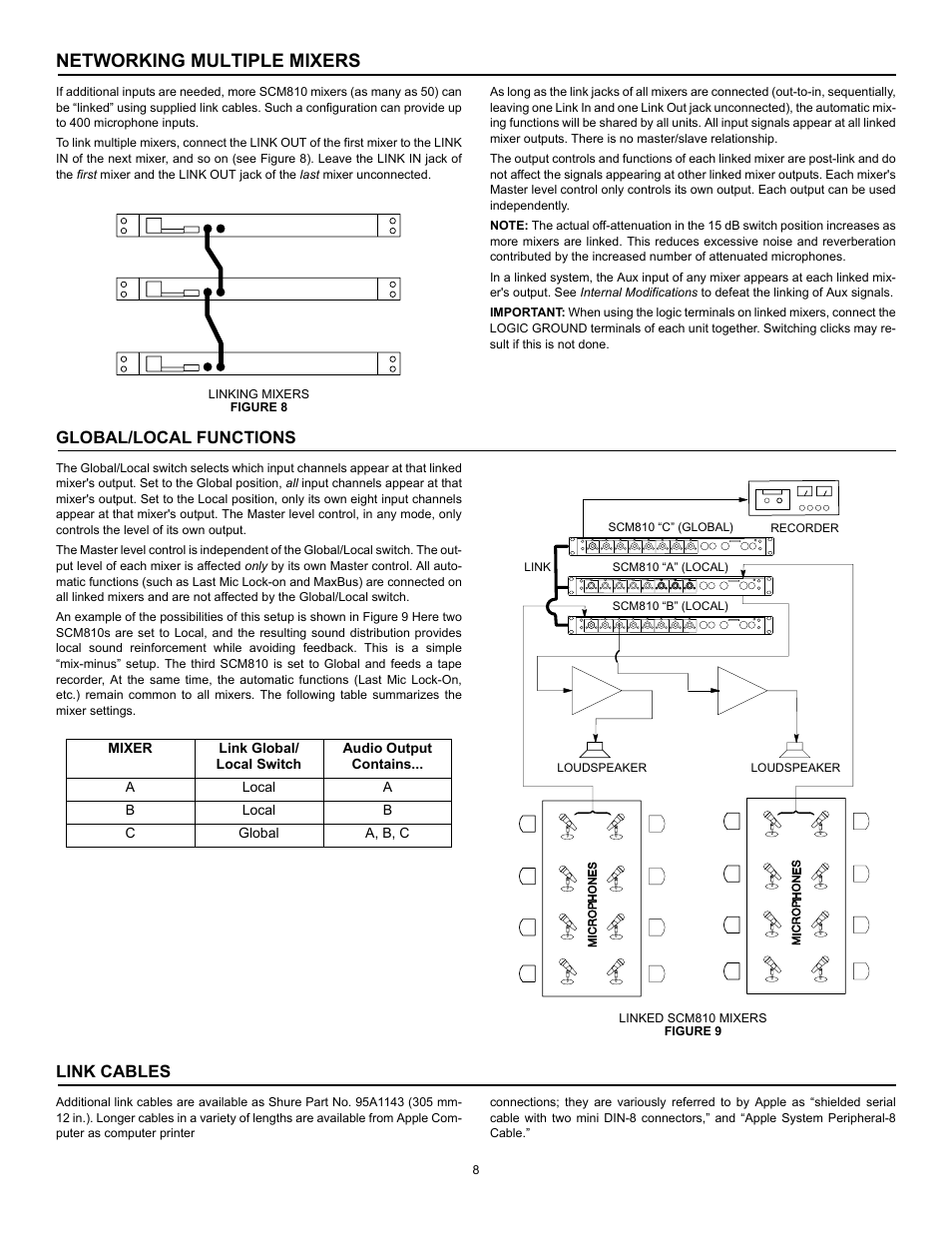Networking multiple mixers, Global/local functions, Link cables | Shure SCM810 User Manual | Page 8 / 17