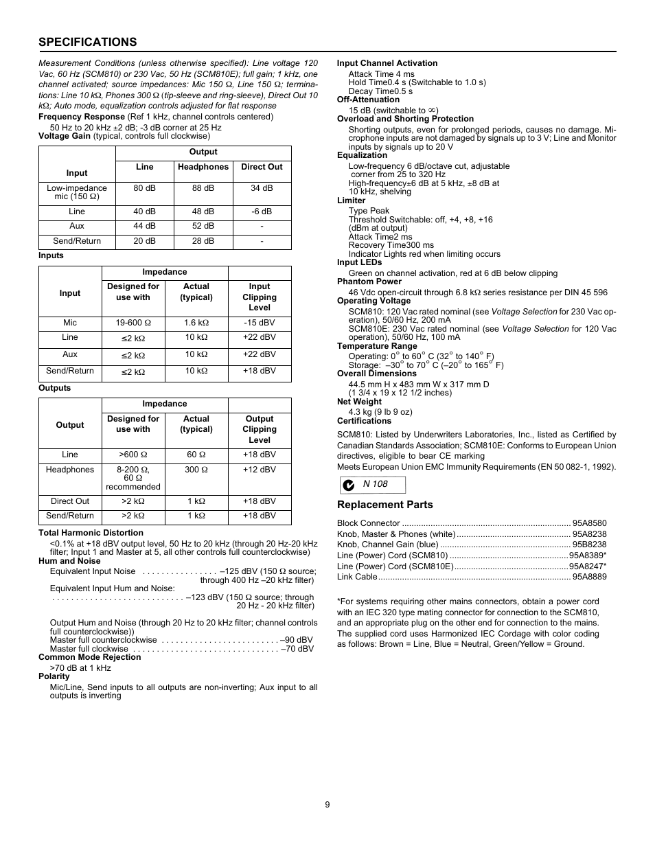 Specifications | Shure SCM810 User Manual | Page 9 / 17