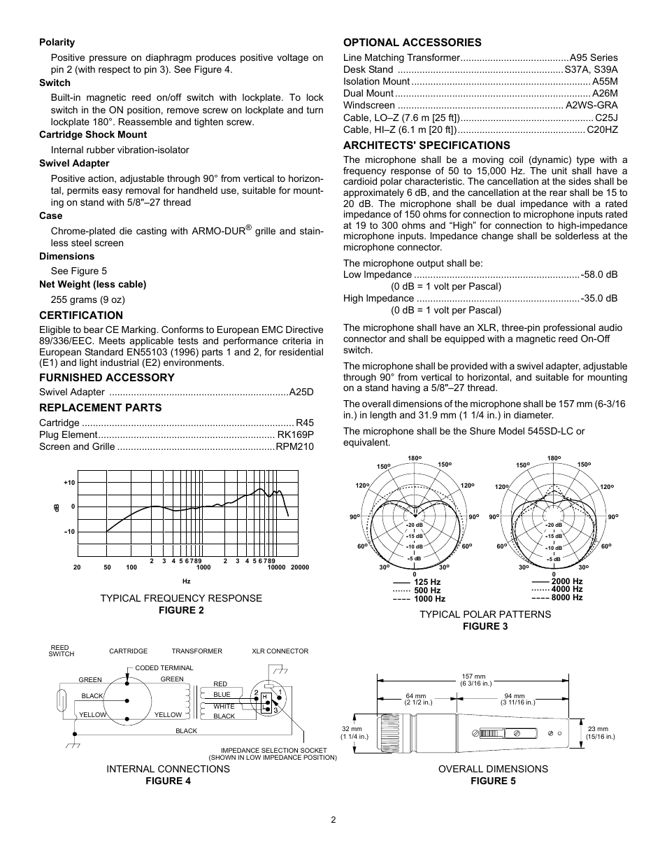 Certification, Furnished accessory, Replacement parts | Optional accessories, Architects' specifications | Shure 545SD User Manual | Page 2 / 12