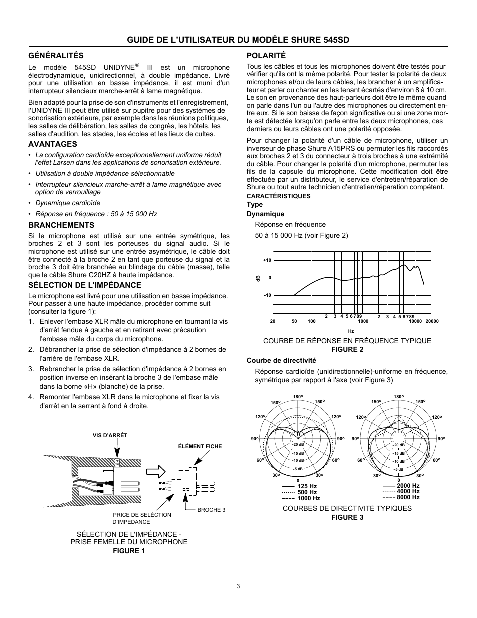 Guide de l’utilisateur du modéle shure 545sd, Généralités, Avantages | Branchements, Sélection de l'impédance, Polarité | Shure 545SD User Manual | Page 3 / 12