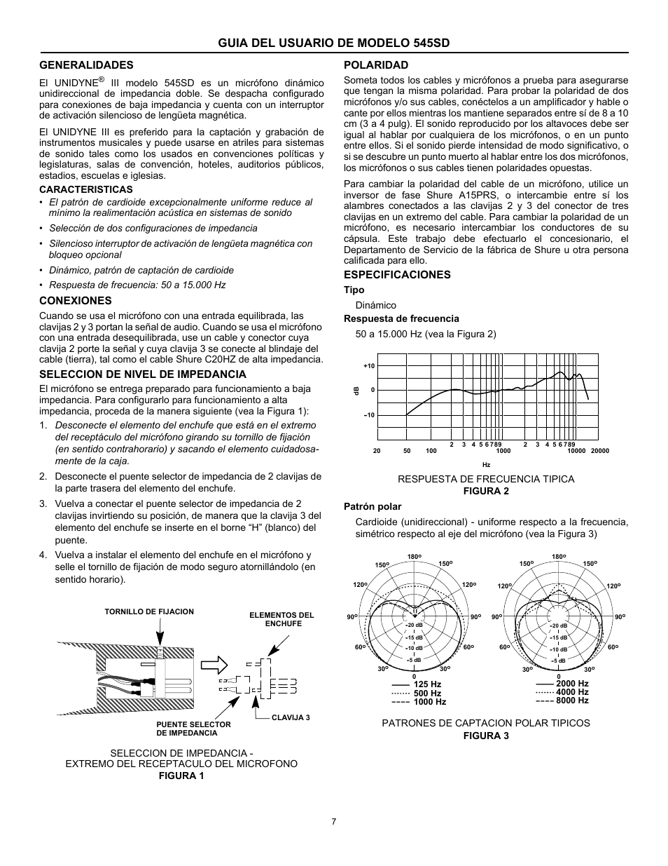 Guia del usuario de modelo 545sd, Generalidades, Conexiones | Seleccion de nivel de impedancia, Polaridad, Especificaciones | Shure 545SD User Manual | Page 7 / 12