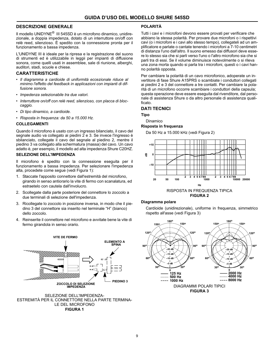 Guida d’uso del modello shure 545sd, Descrizione generale, Caratteristiche | Dati tecnici | Shure 545SD User Manual | Page 9 / 12