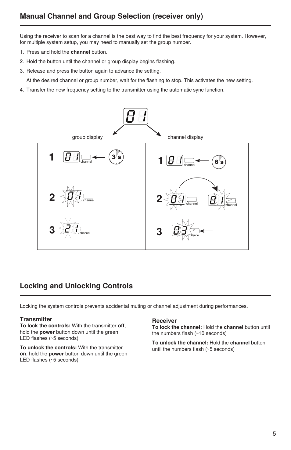 Manual channel and group selection (receiver only), Locking and unlocking controls, 5receiver | Transmitter | Shure PGXD User Manual | Page 11 / 18