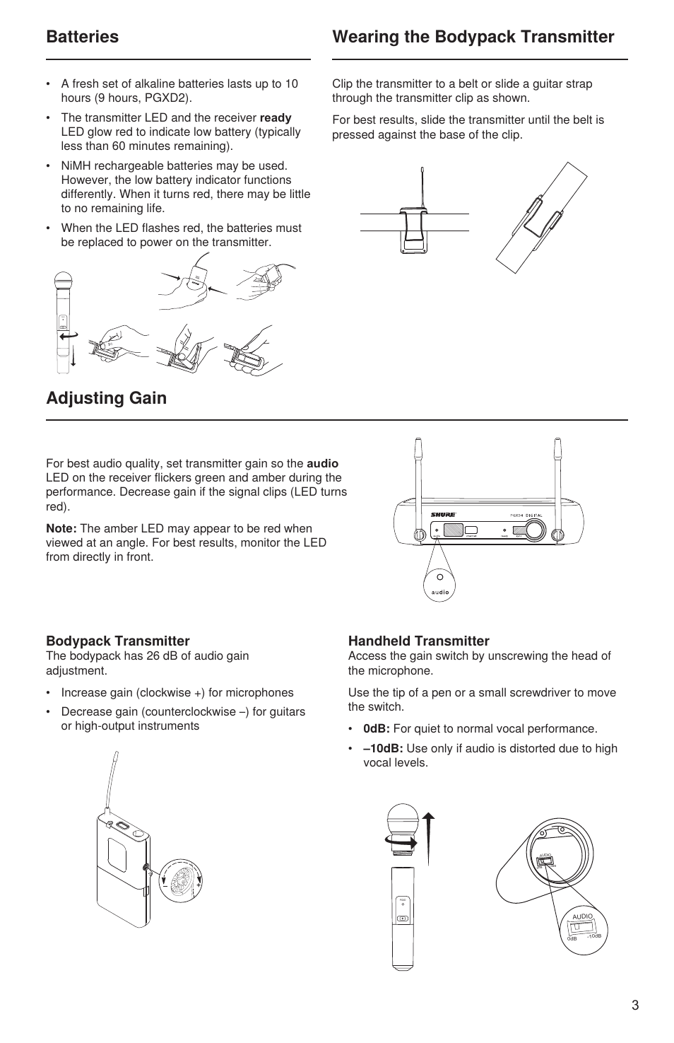 Wearing the bodypack transmitter, Adjusting gain, Batteries | Handheld transmitter, Bodypack transmitter | Shure PGXD User Manual | Page 9 / 18