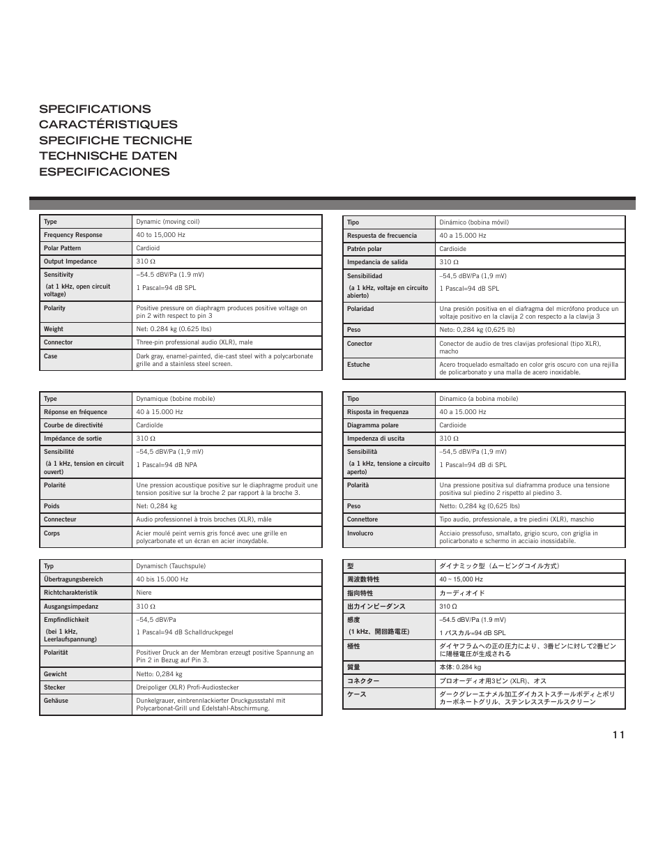 Specifications caractéristiques | Shure LEGENDARY PERFORMANCE SM57 User Manual | Page 10 / 15