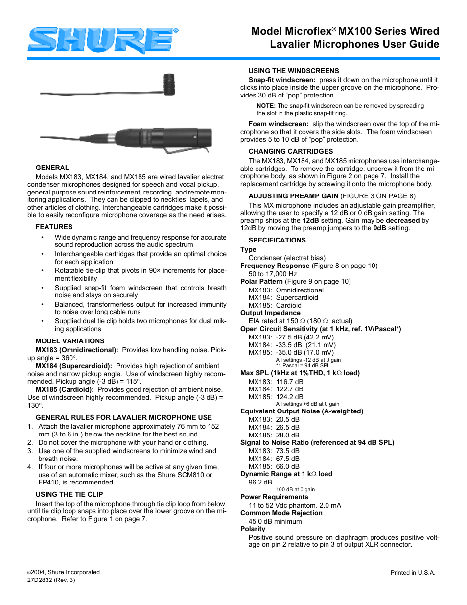 Shure Microplex Lavalier Microphone MX100 User Manual | 12 pages