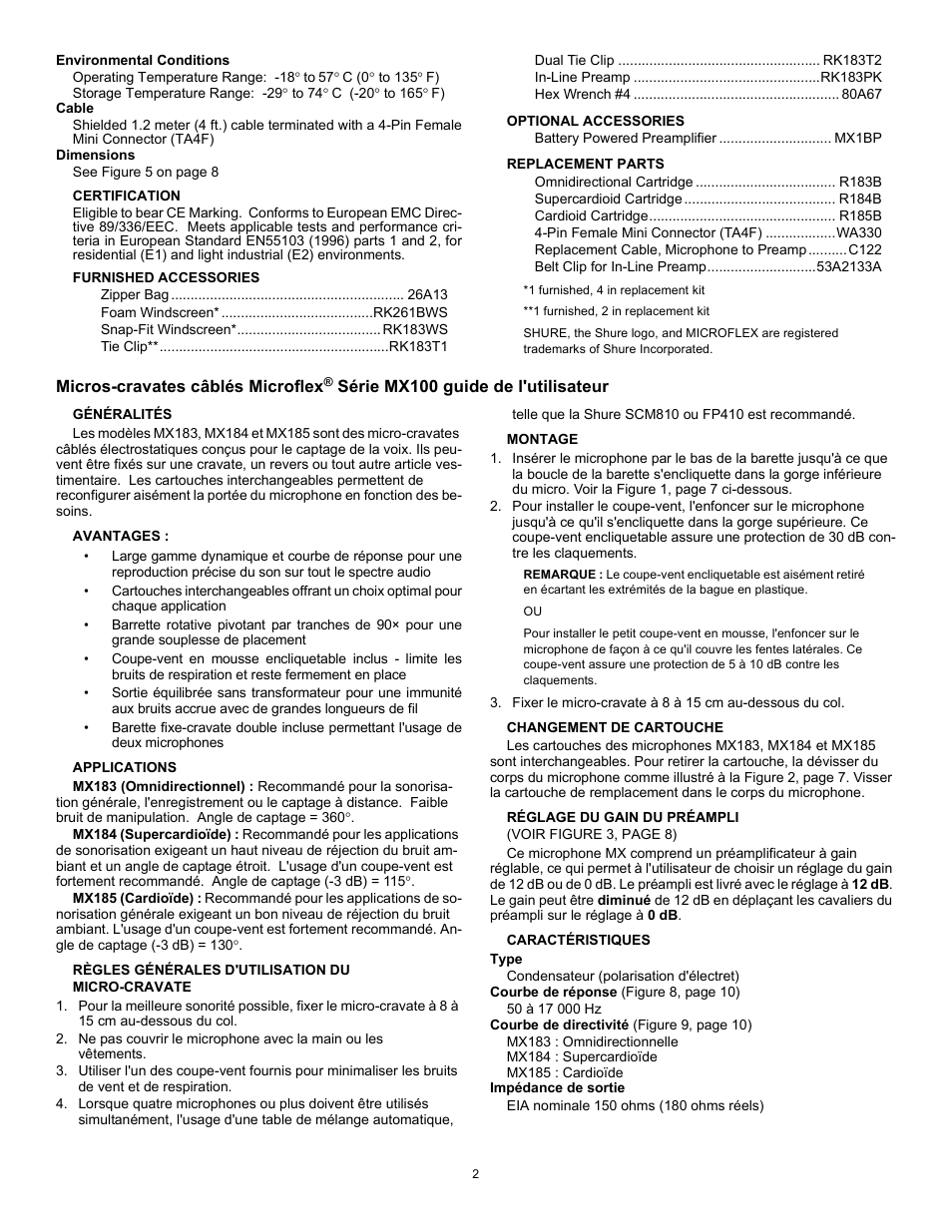 Shure Microplex Lavalier Microphone MX100 User Manual | Page 2 / 12