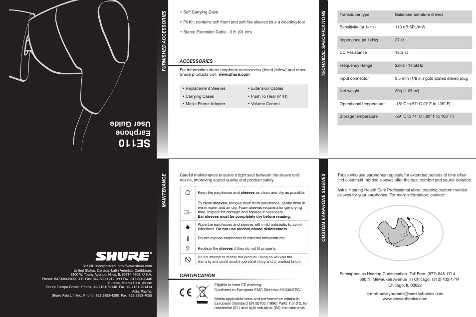 Se110, Earphone user guide | Shure SE110 User Manual | Page 2 / 2