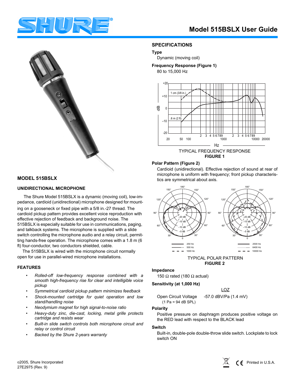 Shure 515BSLX User Manual | 2 pages