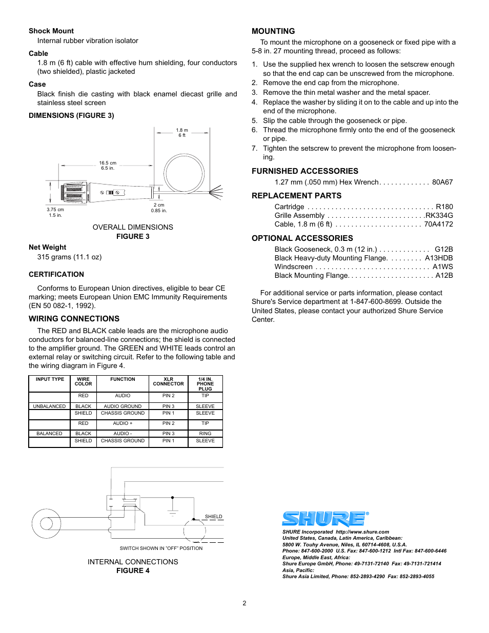 Wiring connections, Mounting, Furnished accessories | Replacement parts, Optional accessories | Shure 515BSLX User Manual | Page 2 / 2